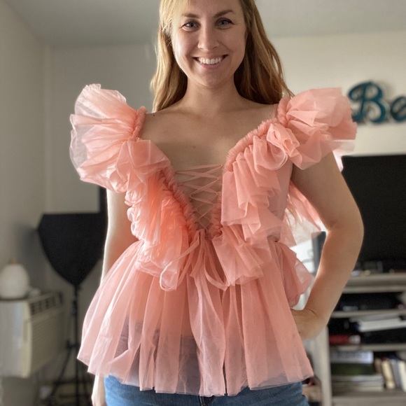 Off shoulder ruffle mesh blouse dusty rose - Picture 4 of 6